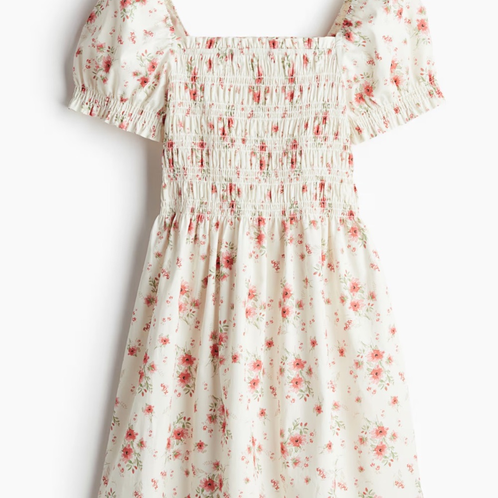 Ivory and Pink Cotton Smocked Floral Puff Sleeve Mini Dress NWT